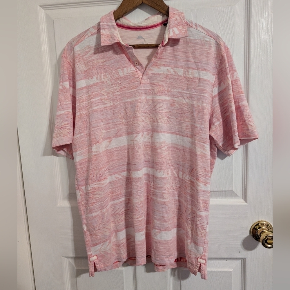 Tommy Bahama Mens Polo Shirt Red White Short Sleeve Size Medium Floral